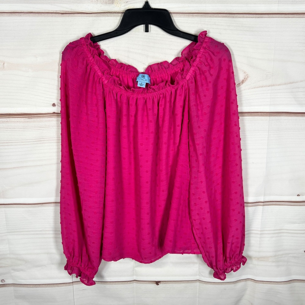 CeCe Clip Dot Blouse Womens Medium Pink‎ Solid Off Shoulder Ruffle Long Sleeve